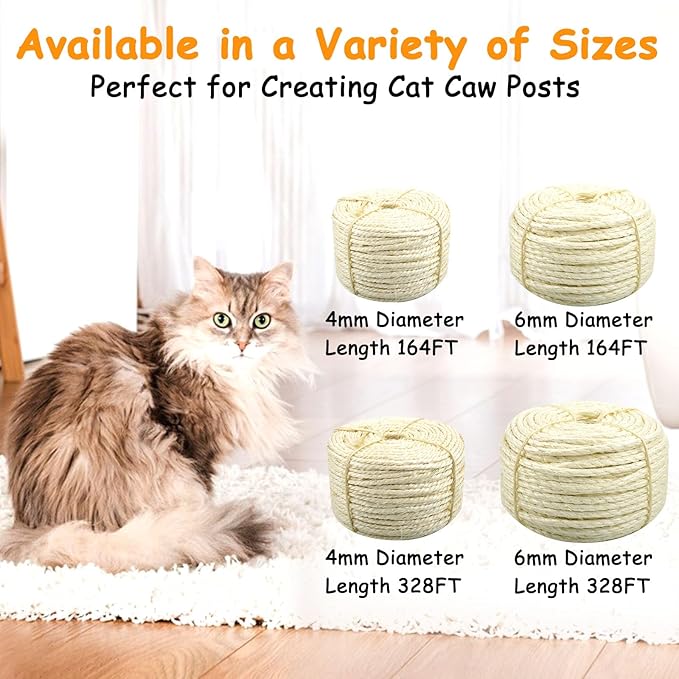 Sisal Rope for Cat Scratcher, 1/6" mm Diameter 164 FT Cat Natural Sisal Rope for Repairing, Cat Scratching Post, Cat Tower Repair Rope, Cat Tree Rope Replace, Recovering and DIY