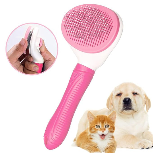 Self Cleaning Slicker Brush for Pet Grooming - Removes Loose Undercoat and Sheds, Suitable for Long and Short Hair Cats and Dogs, with Massaging Bristles (Pink)