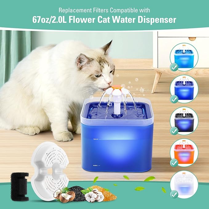 12 Pack Replacement Filters & Pump Sponges for 67oz/2L Colorful Cat Fountain with LED Light, BFLICROY Cat Water Fountain Filter, Quadruple Filtration Pet Fountain Filters Replacement