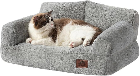 Hollypet Fluffy Plush Pet Cat Couch Soft Calming Pet Sofa Bed for Medium Small Cats and Dogs, Silver Gray