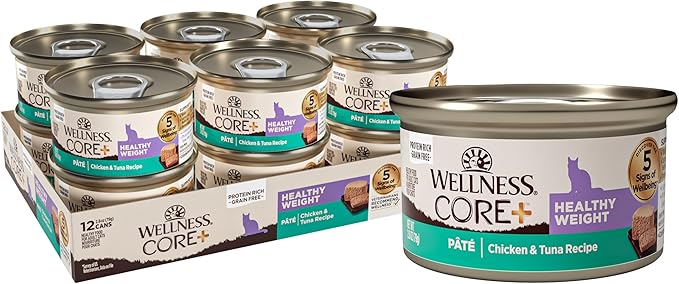 Wellness CORE+ Healthy Weight Pate Adult Wet Cat Food, Natural, Protein-Rich, Grain Free, 2.8 Ounce, 12 Pack (Chicken & Tuna)