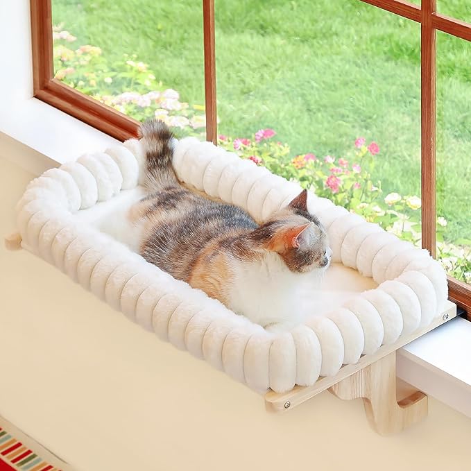 SnugCloud Cat Window Perch with 4-Sided Bolster - Orthopedic Cat Hammock for Window Sill - Solid Hardwood & Metal Frame - Window Seat for Pets (Natural Color Wood w/White Bed, Medium)