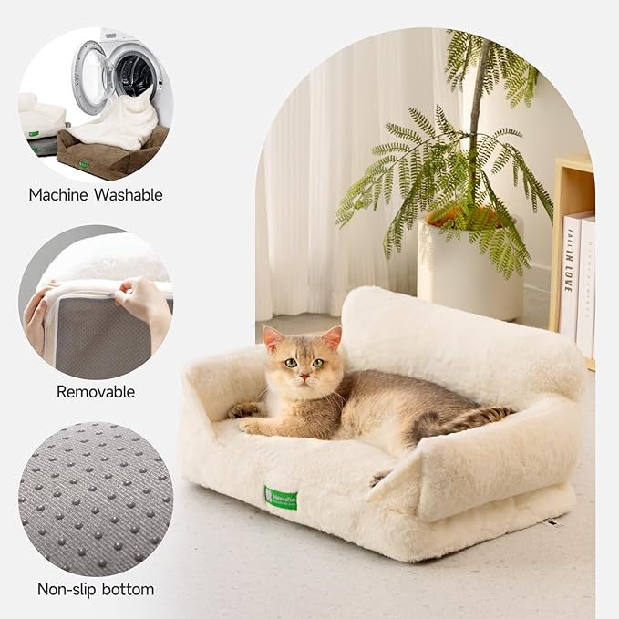 MEWOOFUN Cat Bed for Indoor Cats, Fluffy Cat Sofa with Removable Washable Cover, Cute Cat Couch with Non-Slip Bottom (White, 22x15x10)