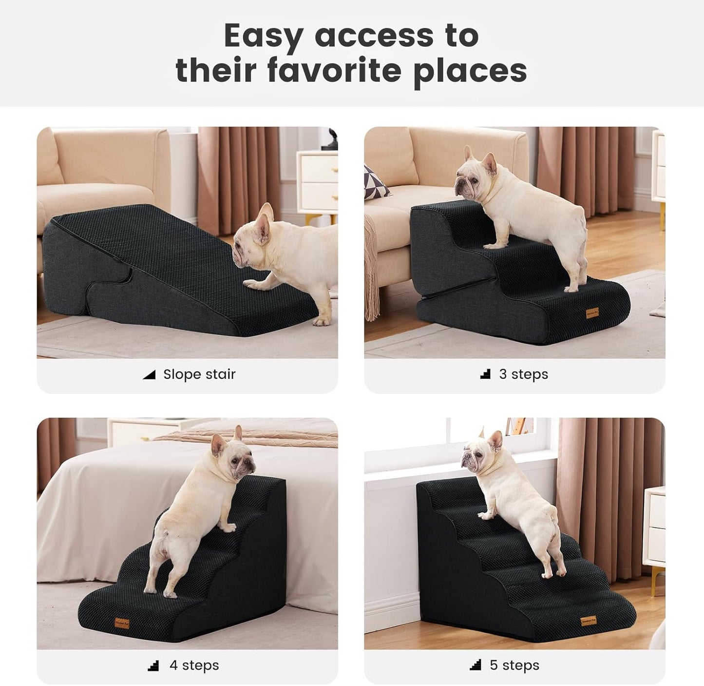 Gardner Pet Dog Stairs for Small Dogs 19.7" H, 4-Step Black Curved Pet Stairs, Dog Steps for High Bed (18-24 in), Couch with Durable Non-Slip Waterproof Fabric Cover and CertiPUR-US Certified Foam