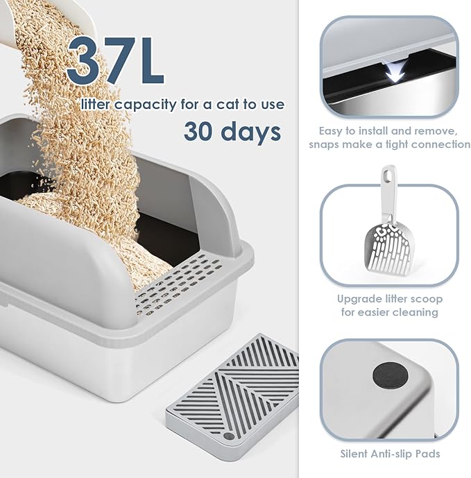 Non-Sticky Coated Stainless Steel Cat Litter Box with Lid Extra Large Litter Box for Big Cats XL Metal Litter Pan Tray with High Wall Sides Enclosure, Anti-Leakage, Easy Cleaning
