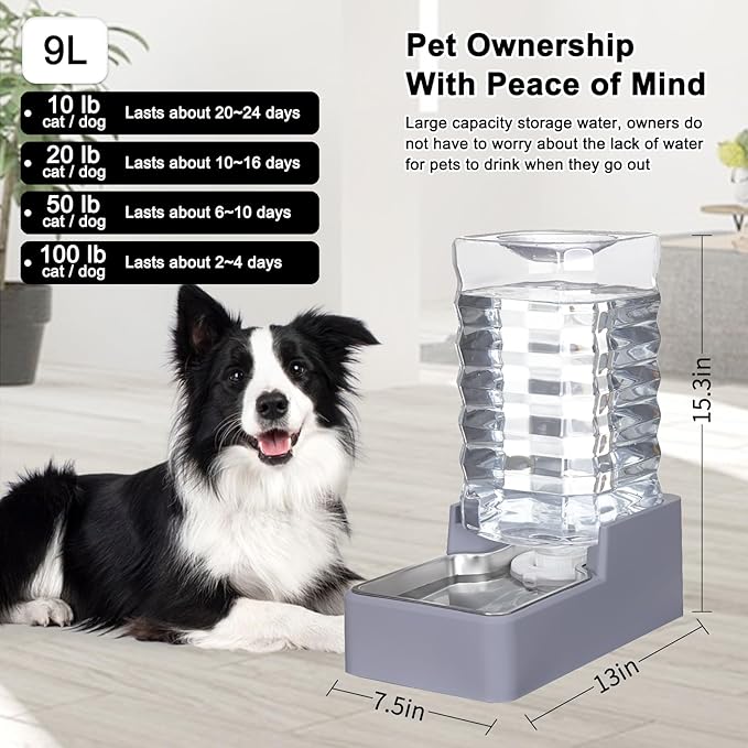 Sfozstra Dog Water Bowl Dispenser: 9L Lagre Automatic Gravity Pet Light Gray Water Dispenser - Stainless Steel Bowl - BPA-Free for Multiple Pets
