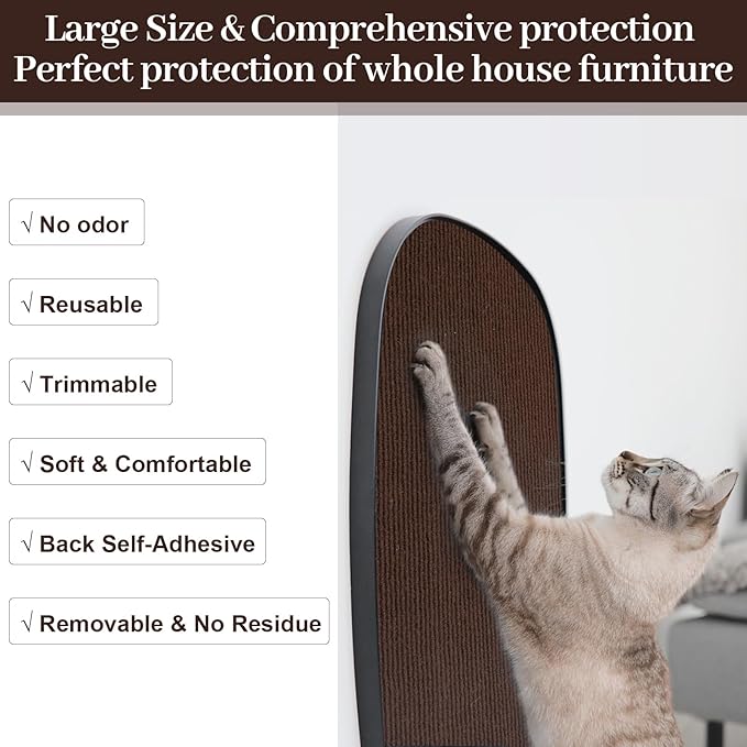 Uranshin Trimmable Cat Scratch Mat pad Self-Adhesive Cat Scratching Post Carpet Covered 78.7"x15.8" Cat Tree Shelves Replacement Parts cat Furniture Protector for Couch Wall (Brown)