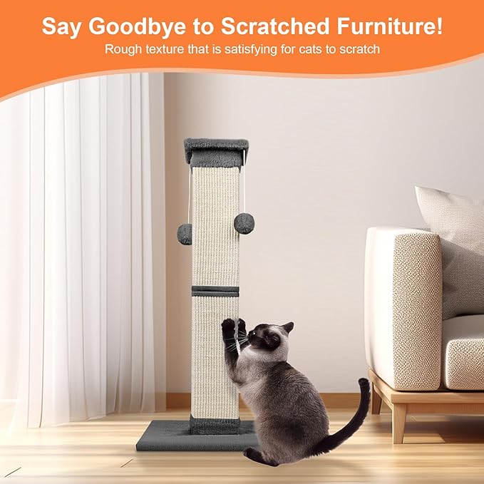 Cat Scratching Post 33 Inch Nature Sisal Scratch Post for Indoor Cats, Large Cat Scratcher Protect Your Furniture, for All Breeds Grey