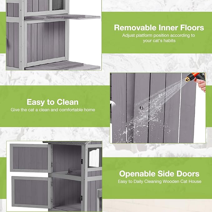 Insulated Outdoor Cat House with Escape Door 2-Story Weatherproof Kitty Shelter with Insulated Liner Large Feral Cat Shelter with Window