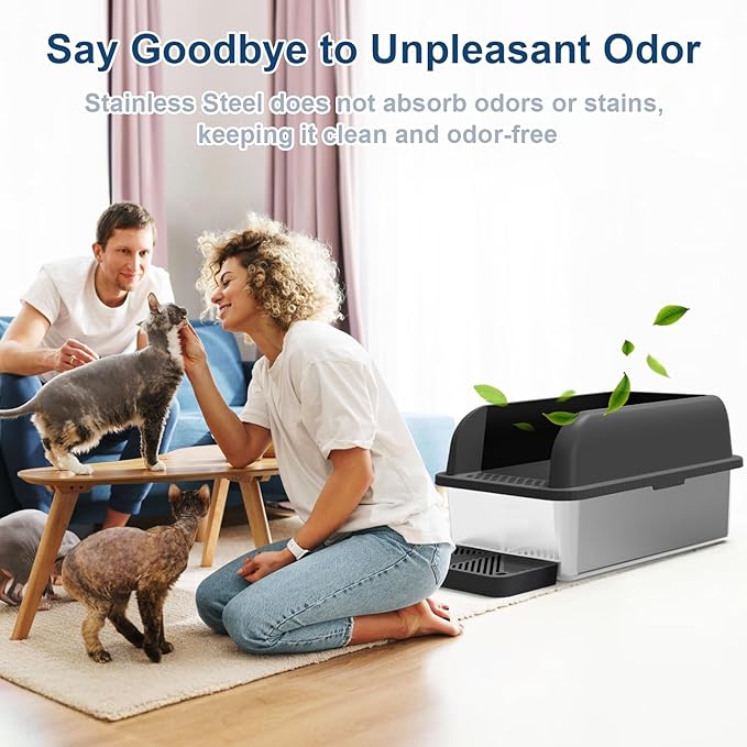 8" Deep Stainless Steel Litter Box with Lid Extra Large Cat Litter Box for Big Cats XL Metal Litter Pan Tray with High Wall Sides Enclosure, Non-Sticky, Anti-Leakage (Charcoal Gray)