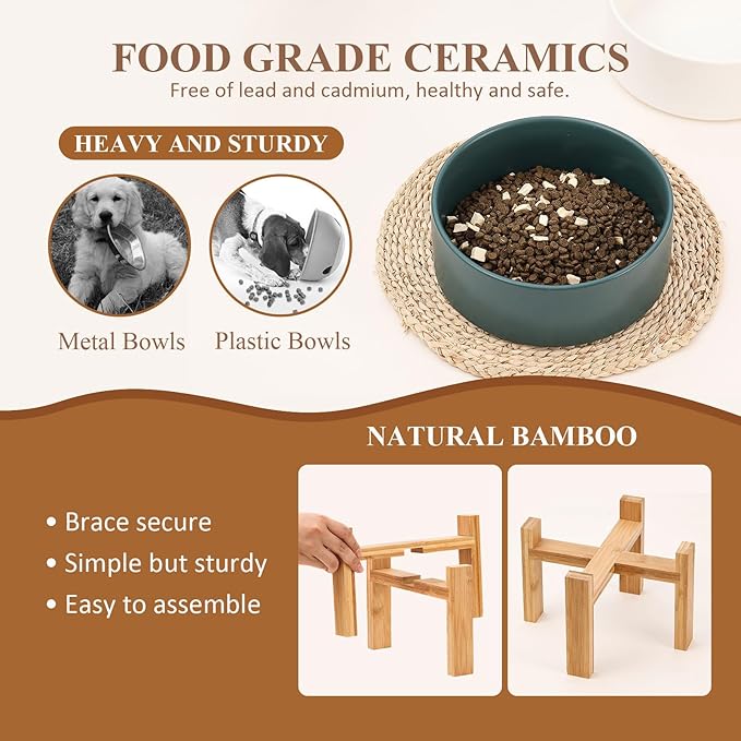 Elevated Ceramic Large Dog Bowl - Raised Dog Dish with Bamboo Stand - Heavy Weighted, No Tip Over, Comfortable Eating - 8.4" Diameter - 4.5 Cups - 68 fl oz - Grey