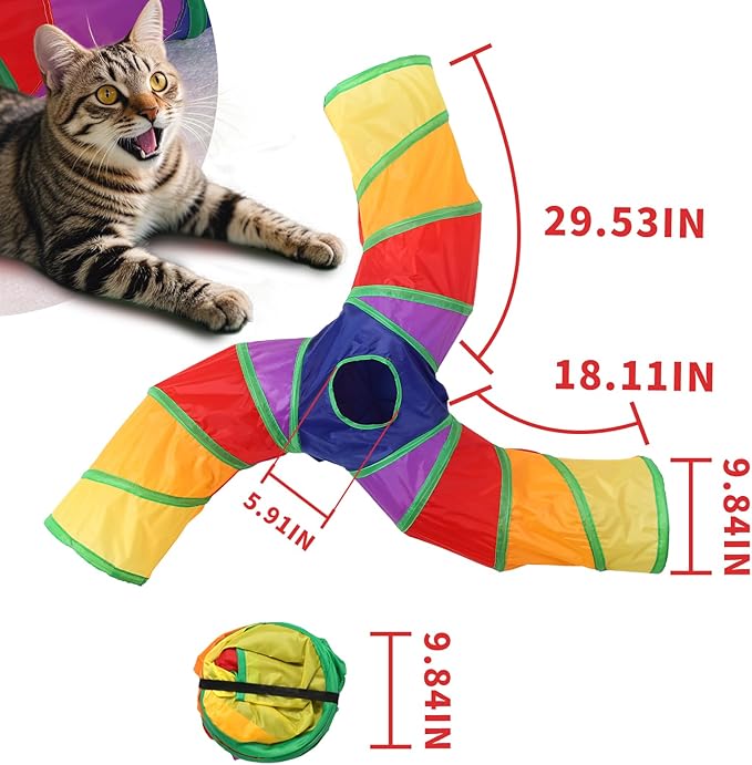 ‌Coolcandy Cat Tunnel & Interactive Cat Toy Indoor, Curved 3 Way Tunnel Toys for Indoor Cats, Collapsible Interactive Peekaboo Cave with Play Ball, for Multi-Way Play & Small Animals