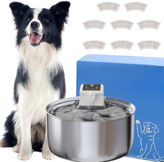 Flowzy Water Fountain, Flowzy Dog Water Fountain, 7L/1.8 Gal Stainless Steel Pet Water Fountain with Motion Sensor,Wireless Ultra-Quiet,3 Modes&5000mAH,Multi-Filtered with 8 Filters (+8 Filter, 1)