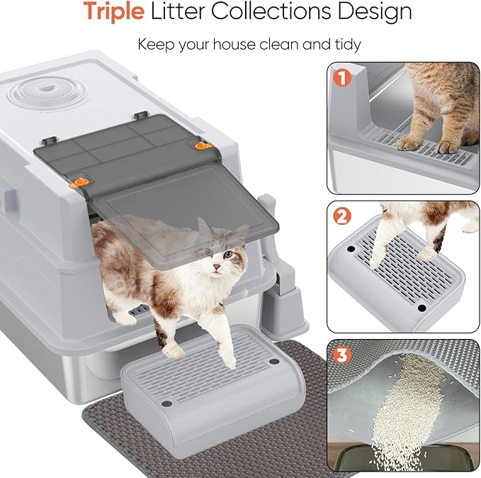 XXXL Stainless Steel Litter Box with Lid,XXXL Enclosed Metal Cat Litter Box for Big Cats,Multiple Cats,with Litter Scoop & Foot Pedal& Litter Mat,Odor Control,Easy Cleaning
