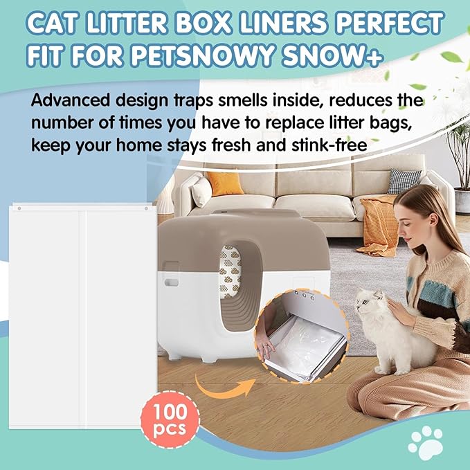 100Pcs Cat Litter Box Liners for PetSnowy SNOW+ Automatic Cat Litter Box, Tear & Leak Resistant Self-Sealing Waste Drawer Liner Bags