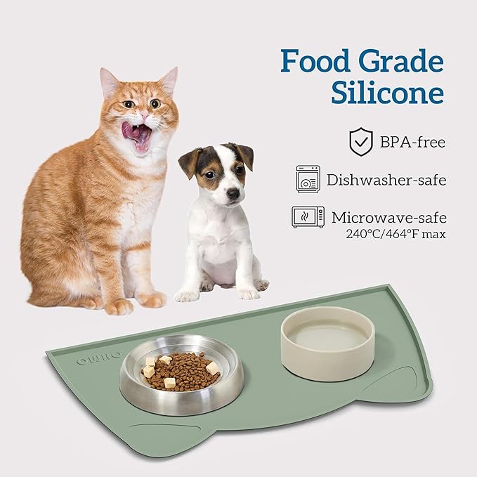 OHMO - Cat Food Mat, Silicone Pet Feeding Mat for Floor Non-Skid Waterproof Dog Water Bowl Tray, Easy to Clean Pet Placemat (Sage Green, 20 * 12'')