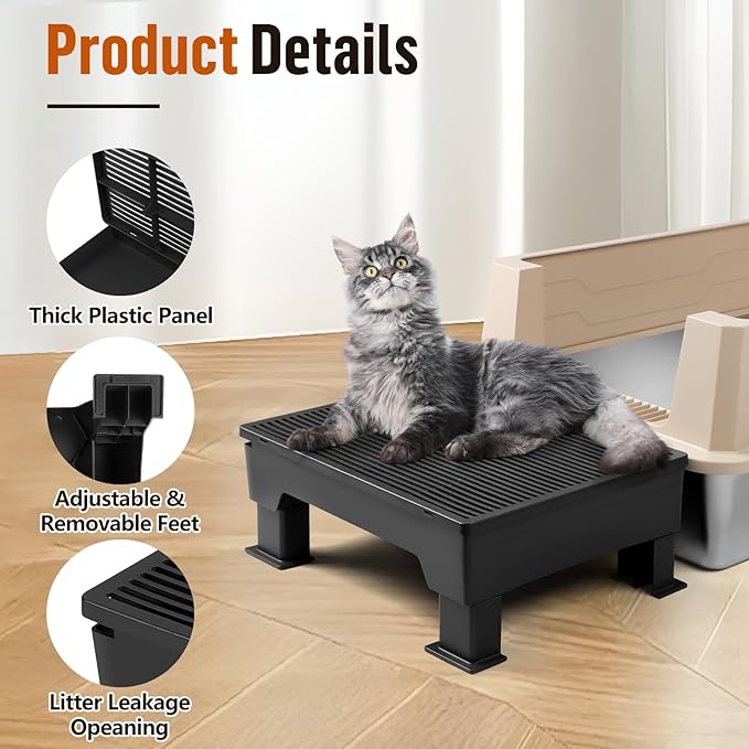 Adjustable Cat Litter Box Step Ramp, Elevated Cat Step Stair for Litter Box with Base, Filter Function, Non-Slip, Easy-to-Clean Pet Toilet Ramp Pedal for Kittens, Old Cats (Black)