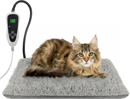 Cat Heating Pad, 17 x 13 in Cat Beds for Indoor Cats,Smart Temperature Switch Metal Protective Tube + Plush Fabric Cover Puppy Whelping Supplies- Grey