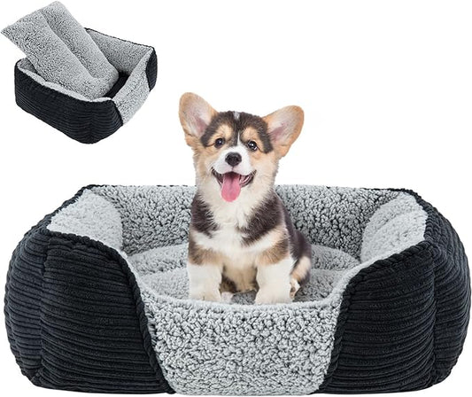Miguel Washable Dog Bed for Small Dogs, Easy to Wash Cat Sofa Bed with High Sides, Rectangle Bolster Cat Bed Calming Cuddle Puppy Bed with Anti-Slip Bottom, Black 20 Inch