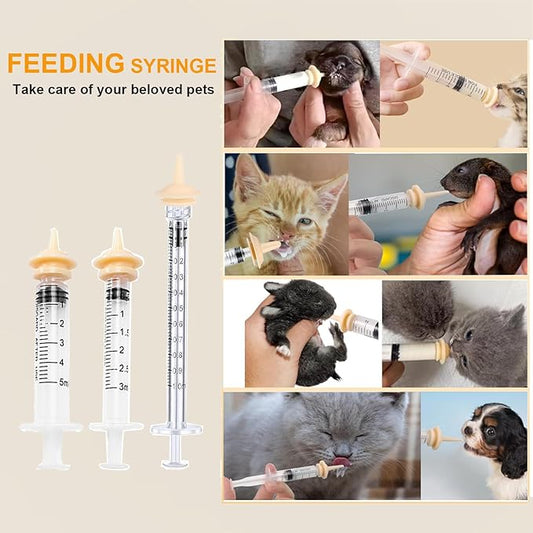 Pet Feeder Syringe, Newborn Animal Feeder Syringe Pet Feeding Nursing Syringe Silicone Feeding Pacifier,Pet Feeding Nipple for Kitten and Puppy (2x10ml Feeder &1S+1M+2L Nipples)