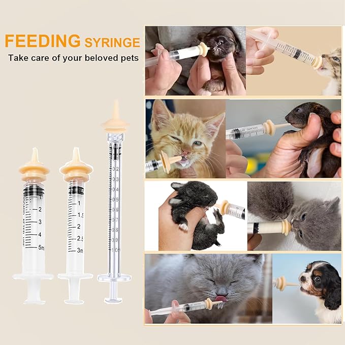 Pet Feeder Syringe, Newborn Animal Feeder Syringe Pet Feeding Nursing Syringe Silicone Feeding Pacifier,Pet Feeding Nipple for Kitten and Puppy (1ml+3ml+5ml Feeder & 5 Small Nipples)
