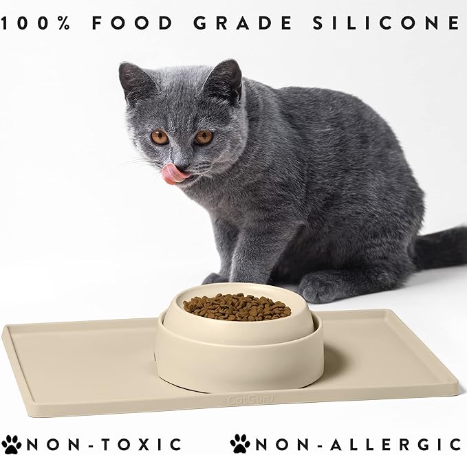 CatGuru Cat Food Mat, Small & Large Pet Feedingd Mat, 100% Waterproof Cat Mats for Food and Water, Silicone Mats for Pet Bowls, Non-Slip Placemat for Water Bowl or Fountain (Large, Sand)