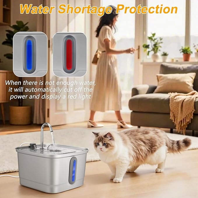 Stainless Steel Cat Water Fountain, 101oz/3L Automatic Pet Water Fountain, Dog Water Fountain with Replacement Filters for Cats, Small Dogs (2 Filters and 2 Sponges)
