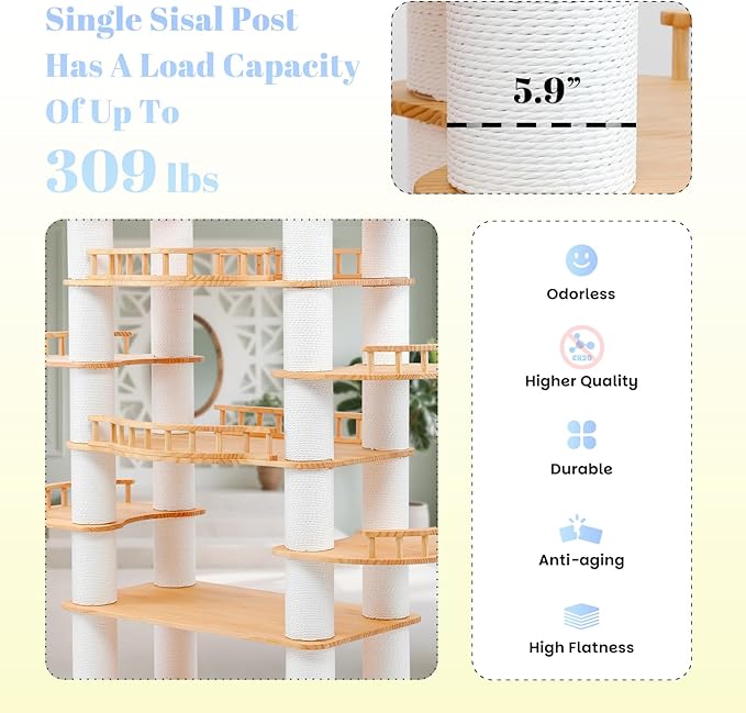 77" Tall Large Cat Tree,Solid Pine Wood Multi-Level Modern Cat Tower with Sisal Scratching Posts,Cat Condo and Removable Washable Cushions,Luxury Huge Cat House for Indoor Cats Large Adult