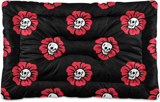 Gothic Skulls Flowers Pet Bed Cute Dog Bed Mat Absorbing Non Slip Pad Pet Sleeping Mat for Small, Medium, and Large Dogs Puppy Cat 24 in x 18 in