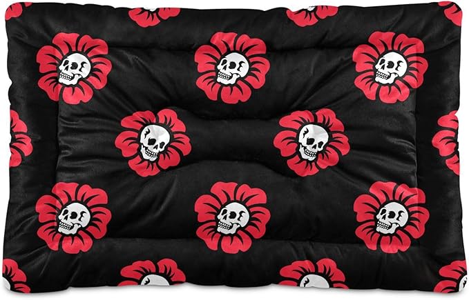 Pet Bed Gothic Skulls Flowers Dog Bed Mat Absorbing Non Slip Pad Pet Sleeping Mat for Small, Medium, and Large Dogs Puppy Cat 36 in x 24 in