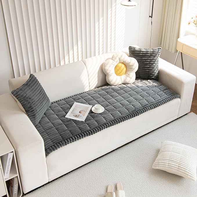 Faux Fur Plush Dog Couch Cover 3D Stripe Fuzzy Sofa Cover Non-Slip Fluffy Dog Bed Cover Pet Blanket Sofa Couch Furniture Protector for Puppy Large Dog Cat (Dark Grey,24"x82")