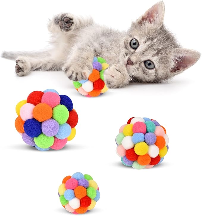 TUSATIY Cat Toy Balls with Bell 3PCS, Colorful Soft Fuzzy Balls Built-in Bell for Cats, Interactive Playing Chewing Toys for Indoor Cats and Kittens