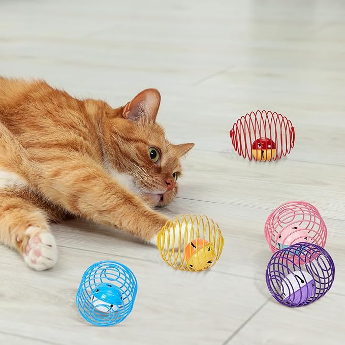 Jecery 5 Pcs Cat Spring Balls Stretchable Springs Toys Rolling Balls Colorful Playful Coils Interactive Spring Action Toy Caged Rats for Kitten Cat Pet Supplies Indoor (Bell,Multicolor)