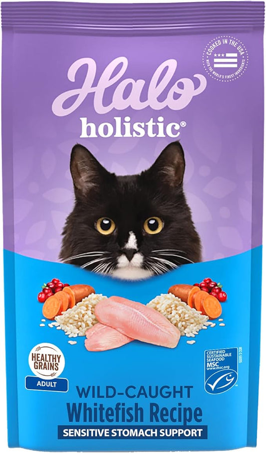 Halo Holistic Cat Food Wild Caught Salmon & Whitefish Formula, Healthy Grains Dry Cat Food, For Sensitive Stomach Support, Kibble for Adult Cats, 3 lb Bag