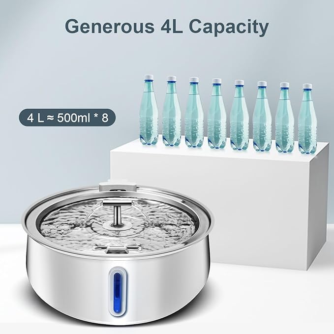 Cat Water Fountain Stainless Steel, 1.05gal/135oz Pet Water Fountain with Water Level Indicator and 2-Way Spout, Cat Fountain with Quiet Pump and 3 Filters Ideal for Cats and Dogs