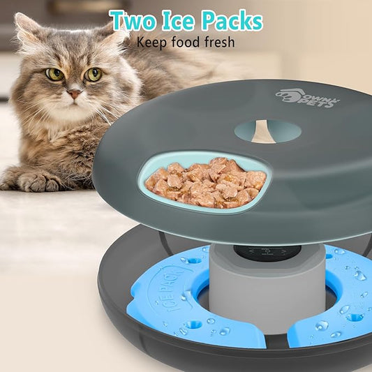 Ownpets Automatic Cat Feeder for Wet and Dry Food, with 2 Ice Packs, 6 Meals Programmable Timed Pet Feeder, Cordless Rechargeable Auto Feeder for Cats/Small Dogs, Black