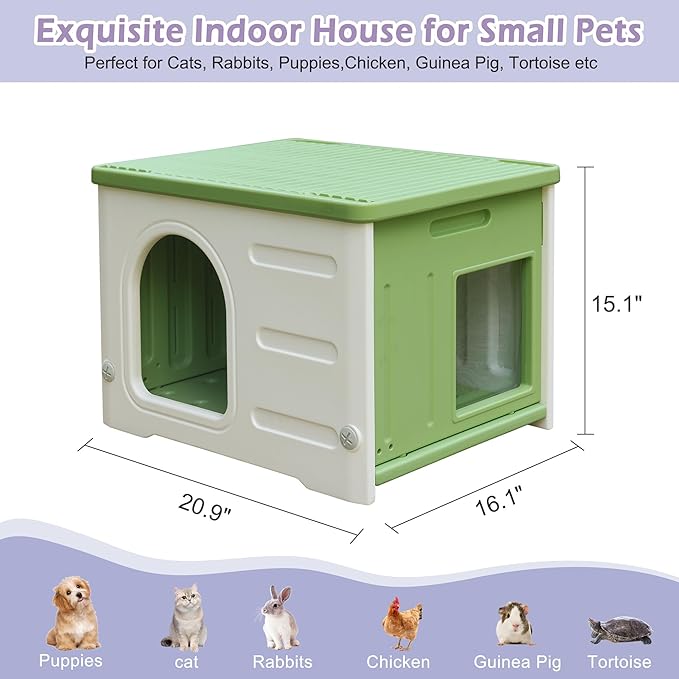 Deblue Plastic Cat House for Indoor & Outdoor, Waterproof Feral Cat House with Escape Door, Sturdy Pet Shelter for Cats, Puppy, Rabbit, Easy to Assemble and Clean-Green
