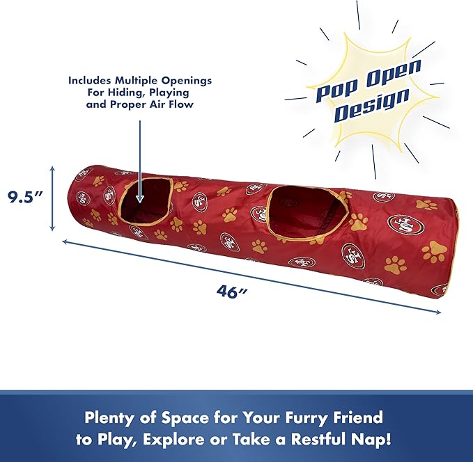 NFL San Francisco 49ers Cat Tunnel Tube Toy with Plush Football Catnip and Feathers Collapsible Tunnel for Cats to Play, Peek and Hide, Sporty & Fun Cat Tunnel Toy with Team Logo All-Over Design!