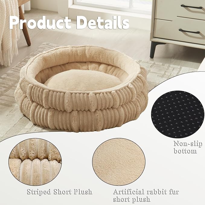 Cat Beds for Indoor Cats,Kitten Bed,Dog Bed for Small Dogs Breeds,Puppy Kennel Bed, Comfy Durable Pet Sleeping Bed, Washable Roun Cat Beds & Non-Slip Bottom, Beige 20" L x 20" W x 8" Th