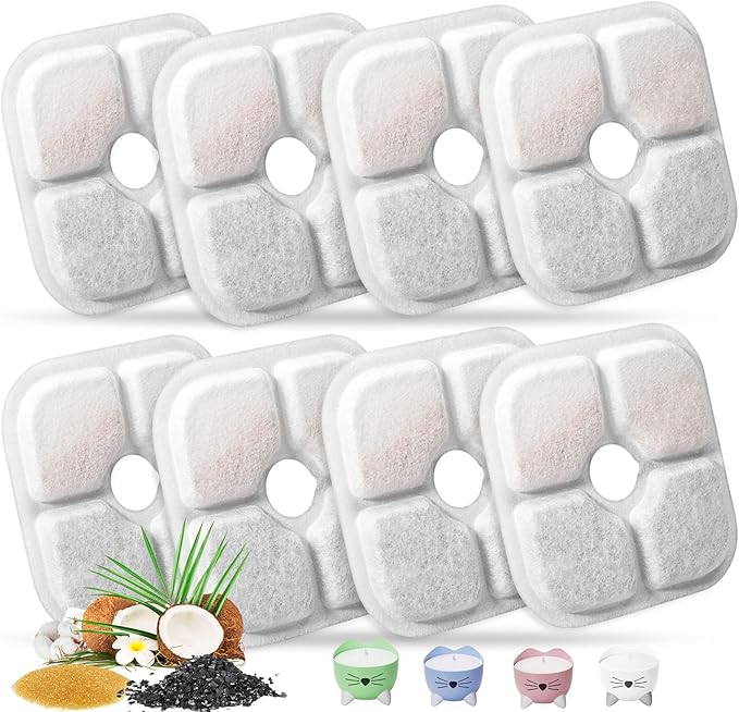 Cat Water Fountain Replacement Filters Fit for 2.5L Fountain with Whiskers Pattern Triple Action Water Pet Cat Drinking Fountain Filter Pack of 8