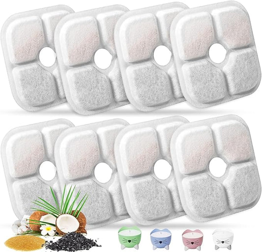 Cat Water Fountain Replacement Filters Fit for 2.5L Fountain with Whiskers Pattern Triple Action Water Pet Cat Drinking Fountain Filter Pack of 8