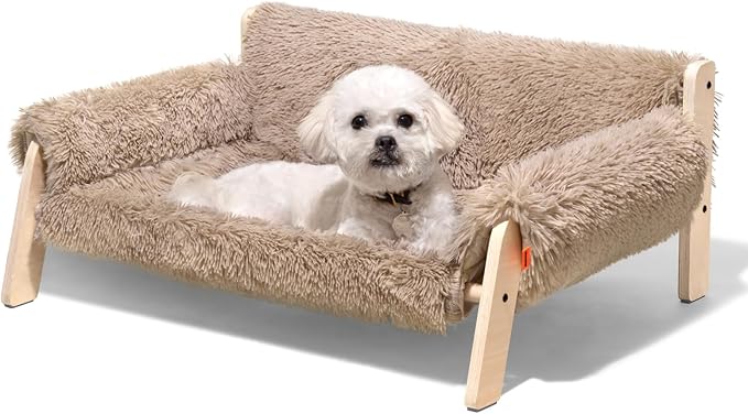 MEWOOFUN Cat Couch Bed, Pet Sofa for Indoor Cats Wooden Indoor Elevated Cat Beds with Removable Mattress Cover Suitable for Kitty, Puppy or Small Animal (Brown, Large)