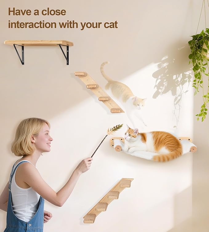 Cat Wall Shelves Set of 4, with 1 Floating Fabric Hammock, 2 Ladders with 4 Steps Each & 1 Flat Shelf – Wall Mounted Bed Furniture & Climber for Large Cats, Indoor Playground