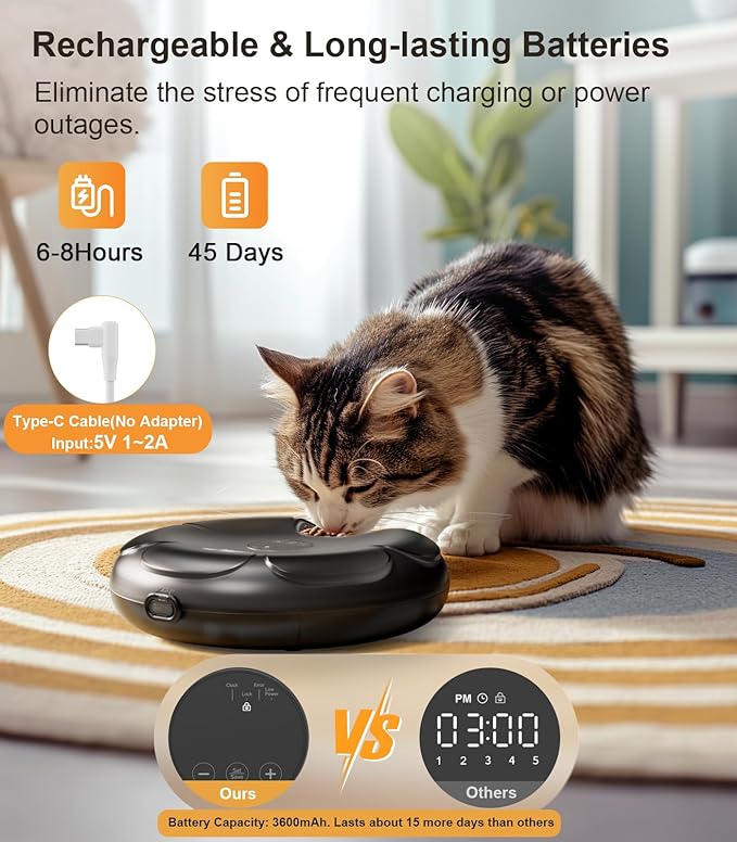 Casfuy Automatic Cat Feeder Cordless - Automatic Cat Food Dispenser for Wet Moist Food with 4 Ice Packs Rechargeable Auto Feeder for Cats Small Dogs with Programmable Timer Low Battery Indicator