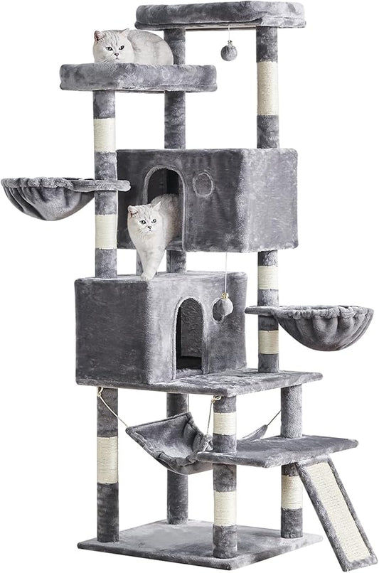 Cat Tree for Indoor Cats Large Adult, 66.9 Inches Multi-Level Tall Cat Tower with Sisal Scratching Posts, Large Plush Perches, Spacious Condos, Baskets, Hammock & Scraping Ladder (Light Gray)