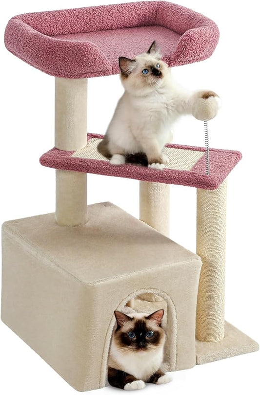 Made4Pets Pink Cat Tree, Carpet Cat Tower Grey for Indoors Cats, Cute Wood Kitty Condo with Scratching Post and Pad, 29" Multi-Level Modern Activity Climbing Furniture for Small and Medium Cats