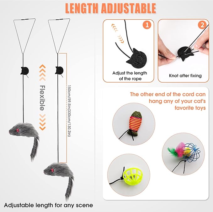 FYNIGO 2 Pcs Self Play Hanging Door Cat Mouse Toys for Bored Indoor Adult Cats Kitten,Interactive Cat Mice Toys for Hunting Exercising Eliminating Boredom, for All Breeds