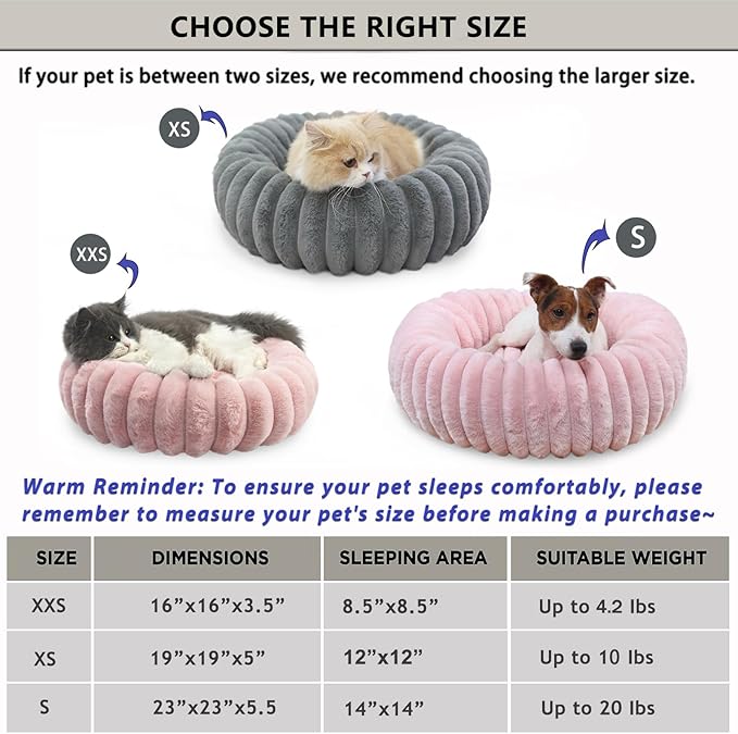 Donut Small Dog Bed Washable Cute Puppy Beds with Corduroy Fleece & Anti Slip Bottom, Round Faux Fur Pet Snuggle Beds for Large Cat, Pink, Small Breed 23x23x6 inches