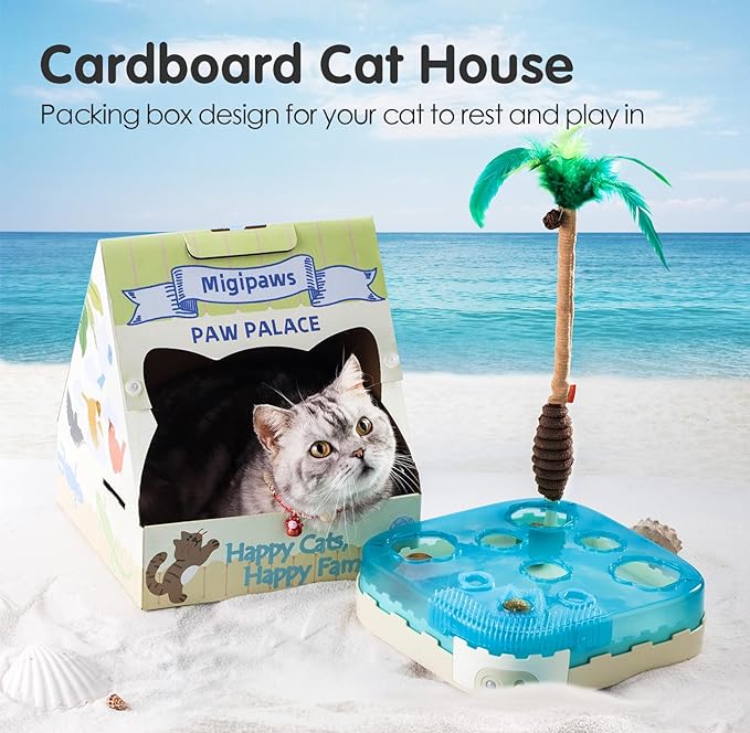 Migipaws 7-in-1 Interactive Cat Toy Motion Activated Indoor Playset with Automatic Pop Bounce Cat Ball, Feather Palm Tree Wand, Catnip Ball & Self-Grooming Cardboard House Rechargeable