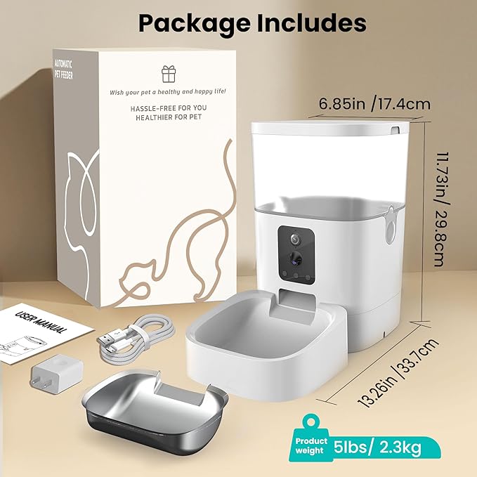 Automatic Cat Feeder with Dual Camera, 5G WiFi Pet Food Dispenser with 2-Way Audio, 2K HD Video with Night Vision, Easy APP Operation, AI Pet Motion Capturing, for Cat Dog Small Pet